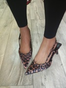 (42) Panterkowa czółenka szpilki wieczorowe z odkrytą piętą, NOWE 