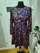 sukienka niebieska w kwiaty L granatowa lekka rękaw 3/4 wiosna 