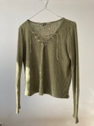 Sweter khaki sweterek z wiązaniem na dekoldzie xs s