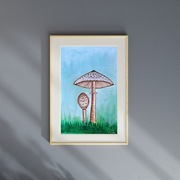 Akwarela A5 "Czubajka Kania", malowana ręcznie, grzyb, las