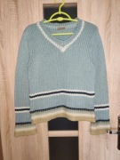 100 Niebieski ciepły sweter V z beżowymi wykończeniami rozmiar M