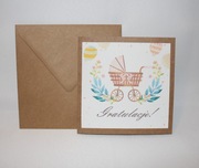 Kartka gratulacje z okazji narodzin dziecka córeczki synka brązowa wózek 