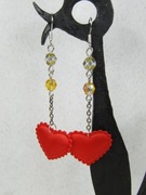 Kolczyki serduszka satynowe łańcuszek czerwony pomarańcz złoty eko handmade