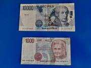 2 banknoty 10000 i 1000 litrów włoskich.