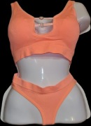 Top sportowy + stringi, neon jaskrawy pomarańczowy, S/M, błyszczący, cekiny