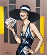 DAMA W KAPELUSZU z kartami / obraz na płótnie 60 x 50 cm / Art déco