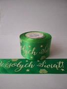 Wstążka tasiemka świąteczna zielona z napisem szer.50mm; dł.22 m