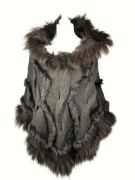 Ponczo z kapturem, futro naturalne, czekoladowy brąz, r. uniwersalny