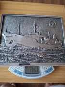 Plakieta statku (ok 2kg) z podpórką(zawieszką). Płaskorzeźba w metalu (?)