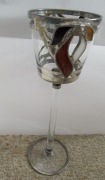 Stary szklany kielich / świecznik zdobiony cyną z witrażem