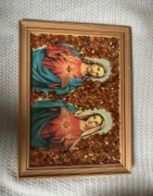 Obraz Jezusa i Maryi wykładany bursztynem 