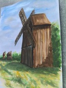 Akwarela Wiatrak Wielkopolska Architektura Ludowa Krajobraz 30x42 Prezent