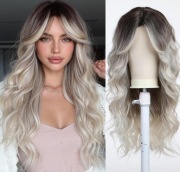 Peruka długa falowana pastel róż z grzywką naturalna 60 cm