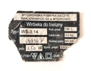 Tabliczka znamionowa kolekcjonerska Myszków Wirówka do bielizny W-3.14