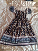 sukienka etno boho folk print wielokolorowa marszczenia kwiaty shein