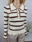 Nowy sweter z falbanami w paski z długim rękawem kremowo-brązowy prążkowany