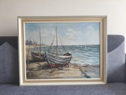 Obraz olejny – łodzie na plaży – marynistyka – 91x71 cm z ramą