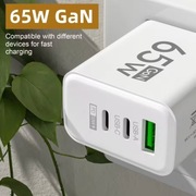 65W 3-portowa ładowarka USB GaN QC3.0 PD szybkie ładowanie ładowarka