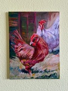 ,,DWIE KURKI'' - obraz olejny 40x30 cm od artystki Babci Irenki