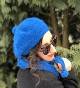 Beret + długi szal z wełny i alpaki | Szafirowy zestaw handmade | Trendy