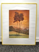 Klimatyczny obraz pejzaż – zachód słońca z drzewami, ręcznie malowany 51x60