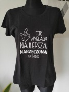 Czarna koszulka z nadrukiem dla narzeczonej, przyszłej żony. Prezent. Nowa.