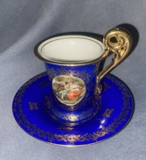 Zabytkowa filiżanka porcelanowa z talerzykiem – kobalt, złocenia,