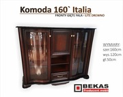 Śliczna Komoda 160` ITALIA GIĘTE Fronty Szkło Lustro Drewniana Orzech Bekas