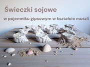 Świeca sojowa w gipsowym pojemniku w kształcie muszli.