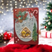 Ręcznie robiona kartka świąteczna 3D – Magiczny Zimowy Domek DJora