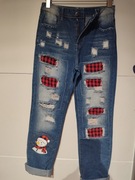 Spodnie niebieskie Jeansowe z przejęciami.Motyw świąteczny 