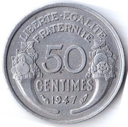 FRANCJA , 50 centimes 1947, KM# 894a, XF