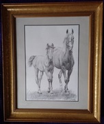 koń KONIE duży rysunek J. Duszyński piękna rama drewno 61x51