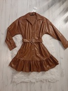 ZARA piękna brązowa sukienka skóra pasek falbanki XS 34