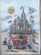 Obraz Lux Abnegata, akwarela, katedra, Bosch, surrealizm, Jezus, diabeł