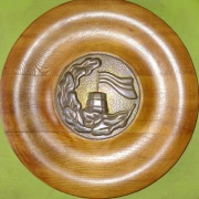 Miedzioryt talerz ozdobny drewno vintage PRL rękodzieło motyw morski