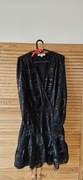 Czarna sukienka Michael Kors, srebrna nitka, gumka w talii, falbanki, L
