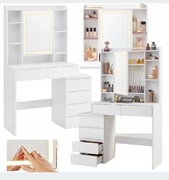 Toaletka BIAŁA z Lustrem Szufladami Stolik Biurko Kosmetyczne LED Komoda