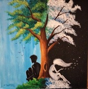 Kobieta i mężczyzna pod drzewem, dzień i noc, obraz ręcznie malowany 