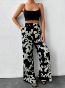 Szerokie spodnie letnie czarne beż 38 M kieszenie floral print SHEIN