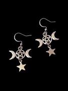 Kolczyki z symbolami faz księżyca, pentagramu i gwiazdką