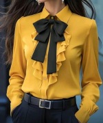 Elegancka koszula damska z falbanami i kokardą  Musztardowa  Rozmiar L