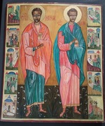 Ikona prawosławna,Św. Kosma i Damiana,pisana,rozmiar 50,5 x 42,5 cm