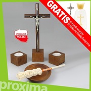 DREWNIANY CIEMNY KOMPLET KOLĘDOWY Krzyż Świeczniki Kropidło Miska na KOLĘDĘ