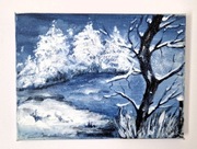 Nastrojowy Ręcznie Malowany Zimowy Pejzaż na Płótnie - Kraina Lodu