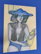 Obraz kobieta kapelusz zielony niebieski żółty akryl na płótnie 