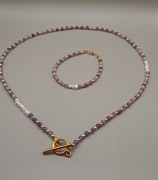 Zestaw biżuterii z kamieni naturalnych: ametytst, perły, hematyt złoty 