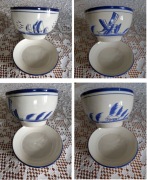 ceramiczna doniczka z podstawką Delft ptaki domy wiatrak żaglówki  Vintage 