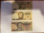 3 banknoty PRL 10000 zł 500 zł 50 zł 1982-1988r