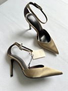 ZARA satynowe czółenka khaki złote szpilki pasek szpic  NOWE 39